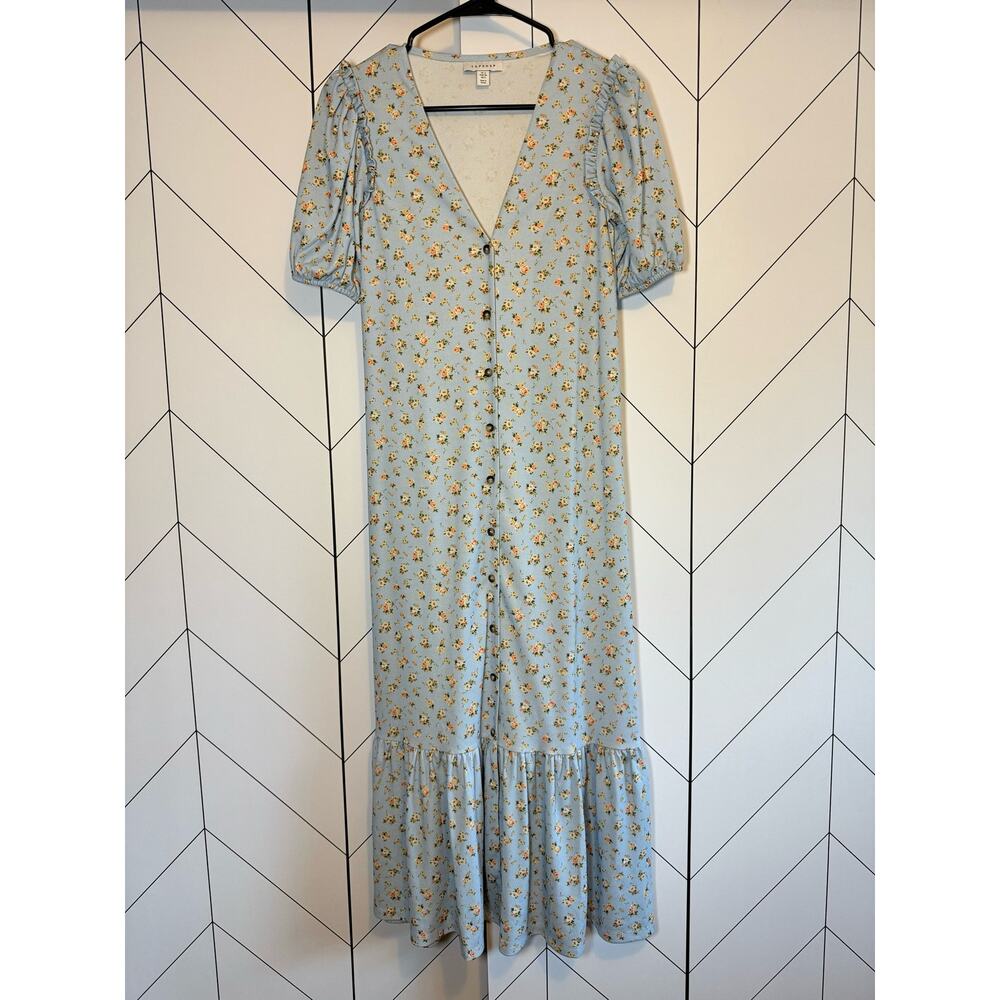 Topshop Women’s 2 Blue Yellow Floral Cottage V-neck Ruffle Button Maxi Dress